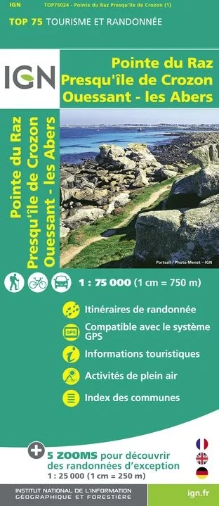 Carte Tourisme Ouessant, Les Abers, Crozon, Pointe du Raz IGN Top 75