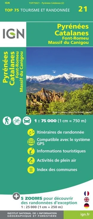 Carte Tourisme Pyrénées-Catalanes, Font-Romeu, Massif-du Canigou IGN Top 75