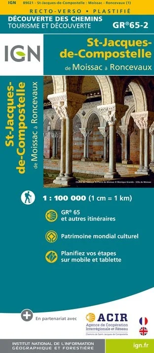 GR65-2 | Carte Randonnée Chemin de St Jacques. Moissac à Roncevaux IGN