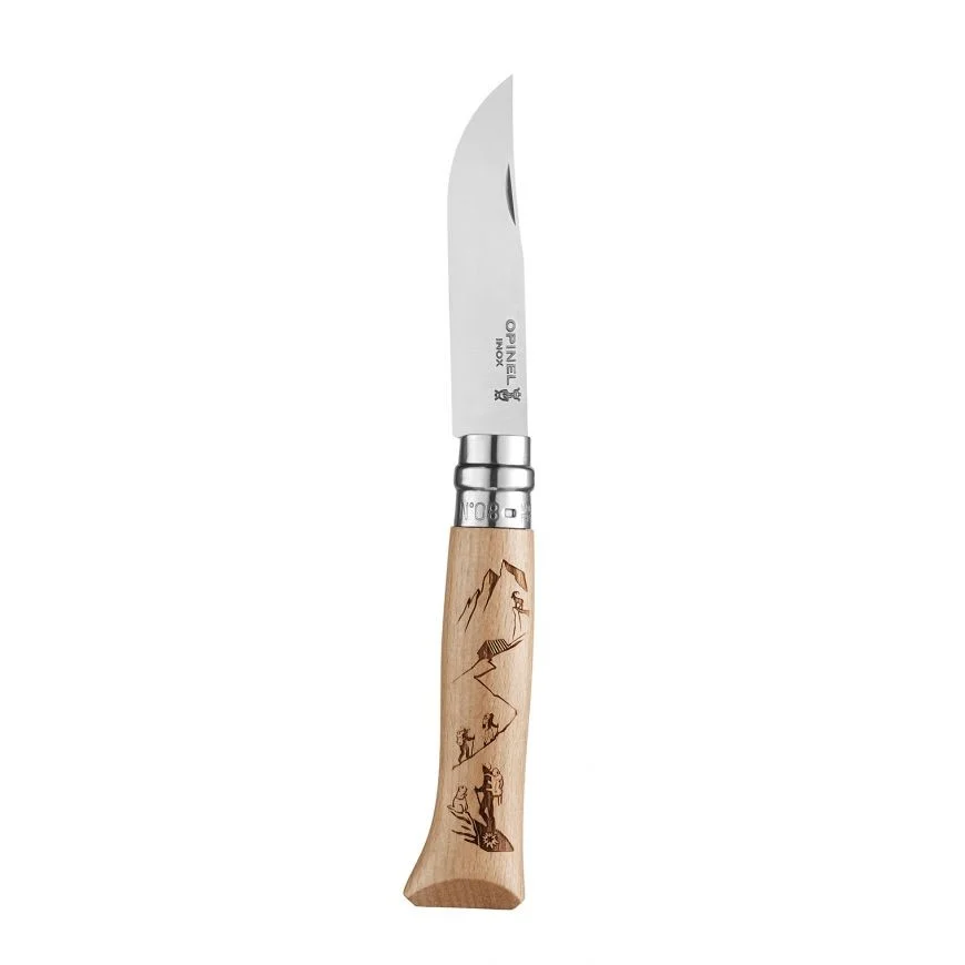 Opinel 8 gravure montagne manche en bois