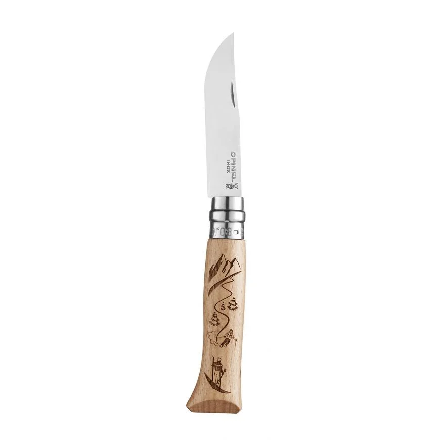 Opinel n°8 - lame Inox - manche gravé skieurs
