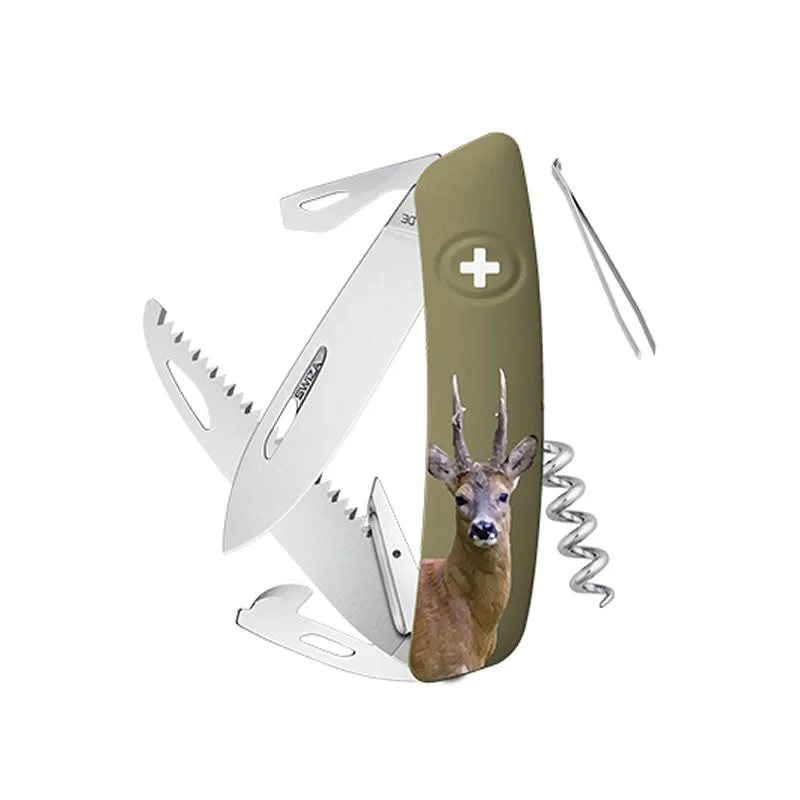 Swiza couteau suisse avec 12 fonctions - D05 Olive Impression Chevreuil