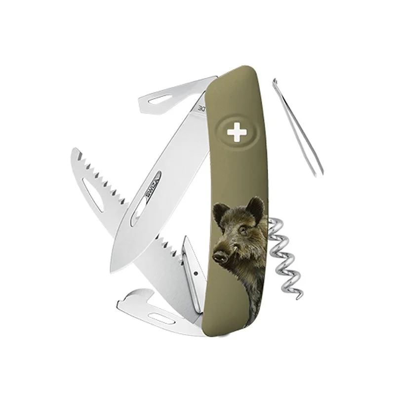 Swiza couteau suisse avec 12 fonctions - D05 Olive Impression Sanglier